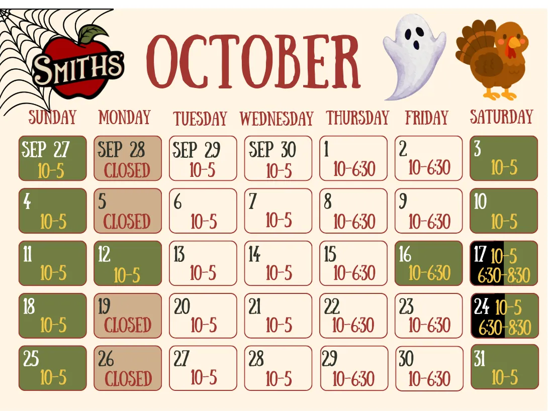 October 2026 hours and schedule